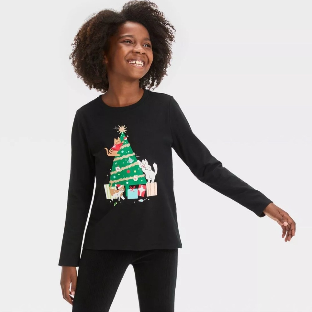 Sz XXL (16/18) Cat & Jack girls pull over crewneck long sleeve top black